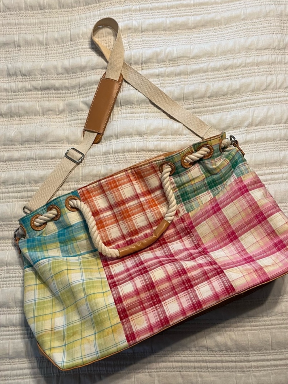Bath & Body Works Multicolor Plaid Canvas Tote with Rope Handles